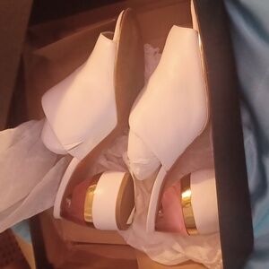 Kenneth Cole white leather Pink & Gold Bubble Heels "LOUISE"  shoes sandals 8M.